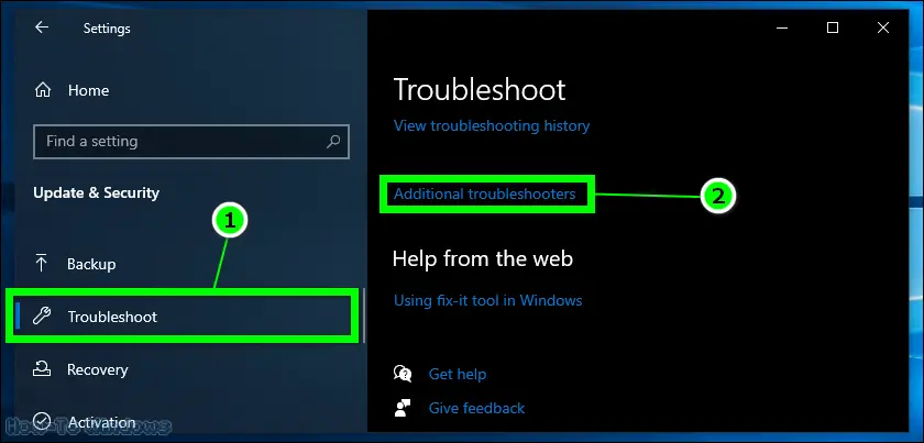 Navigate to Troubleshoot from the side menu then additional troubleshooters