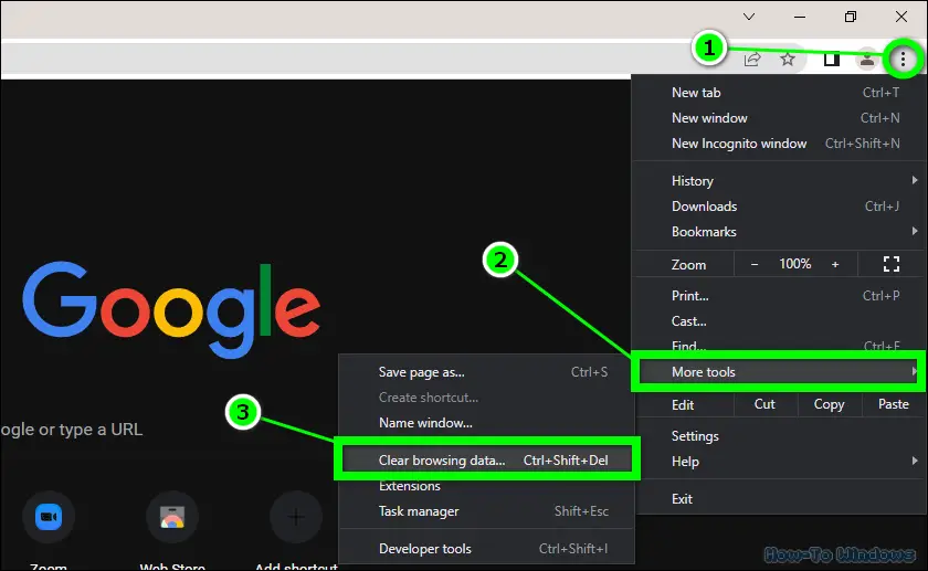 Navigating to the Clear browsing data option on Google Chrome