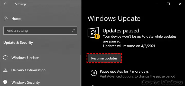 Clicking Resume updates on the Windows Update window.