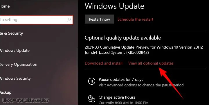 Clicking the View all optional updates option on the Windows Update window.