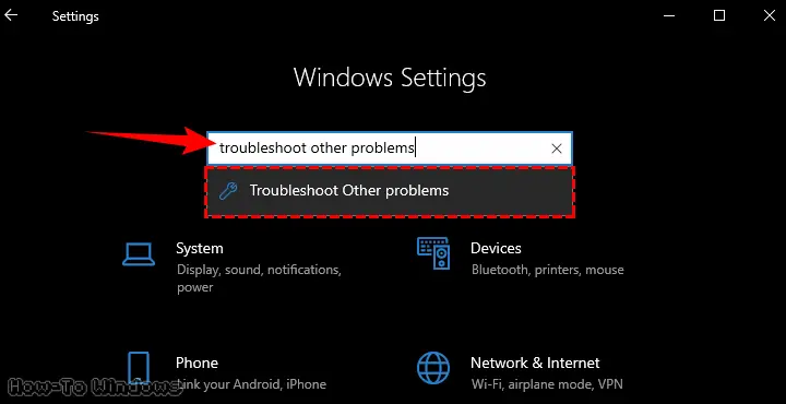 Pressing Windows + I keys to open Windows Settings, then typing “troubleshoot other problems” in the search box and clicking the result.