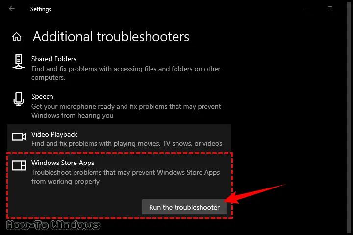 Scrolling down until finding Windows Store Apps, clicking on it, then clicking Run the troubleshooter.