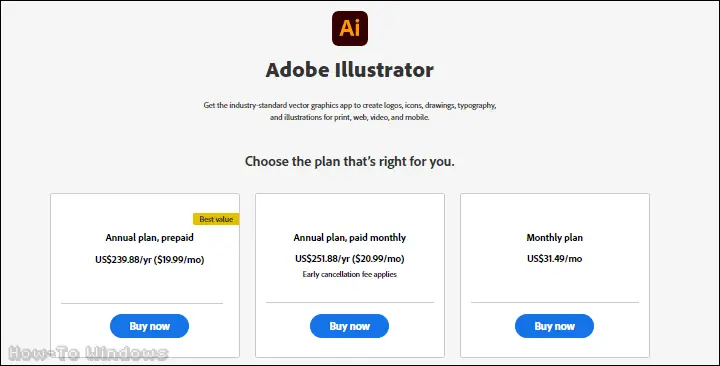 The pricing plans for Adobe Illustrator: Annual plan [prepaid], Annual plan [paid monthly], Monthly plan.