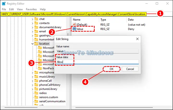 Double-clicking the Value registry string, and setting Value data to Allow for enabling the Let apps access your location setting, then clicking OK to save the changes again, and close the Registry Editor in Windows 11.