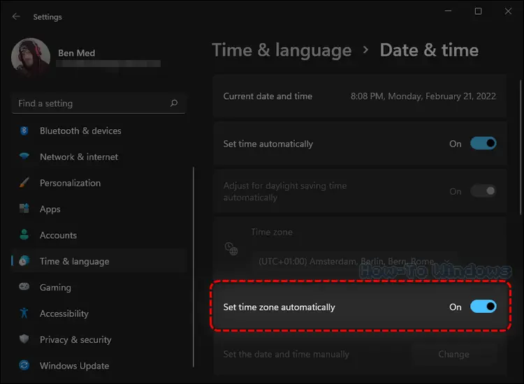 How to Turn On the Set time zone automatically Setting in Windows 11.
