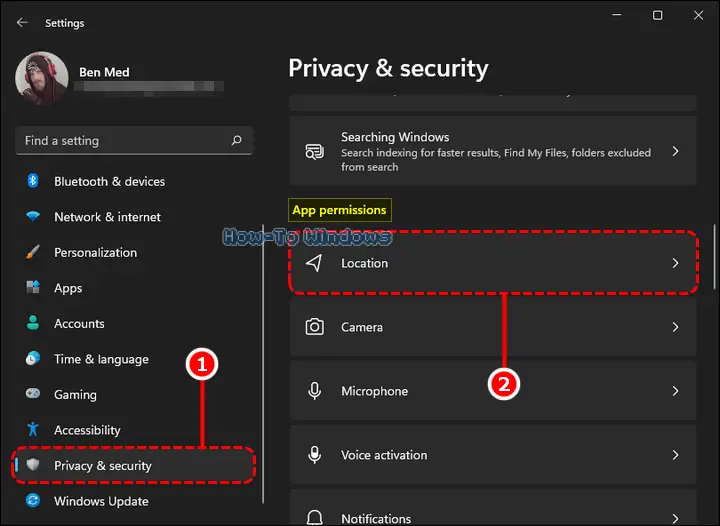 Selecting Privacy & security, then scrolling down to the App permissions section and clicking Location in Windows 11 Settings.