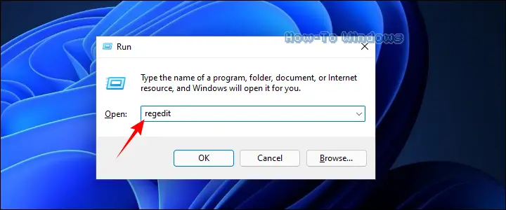 Opening Registry Editor in Windows 11 through the Run command window by hitting the Windows + R keys altogether from the keyboard, then typing regedit and hitting Enter.