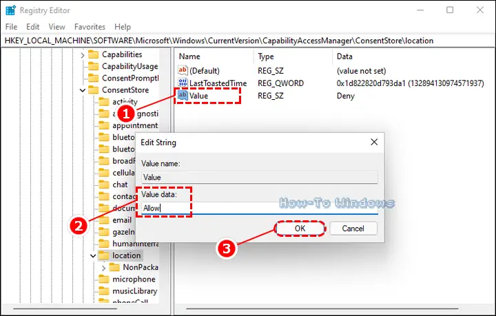 Double-clicking the Value registry string, and setting Value data to Allow for enabling the Location services setting, then clicking OK to save the changes in Windows 11.