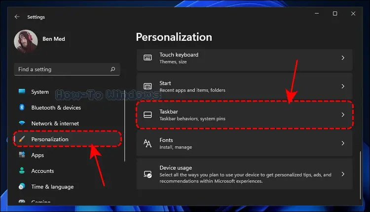 Clicking on Personalization from the left-side pane, then scroll down until finding Taskbar, clicking it.