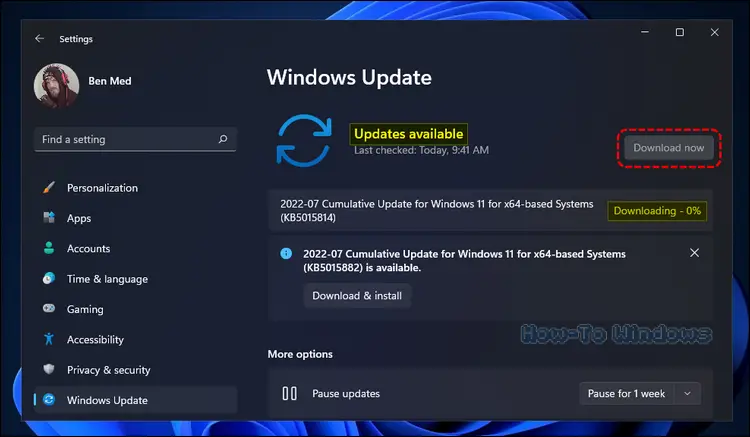 clicking the Check for updates button to download Windows 11 updates.