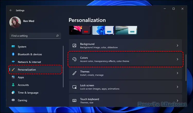 Clicking on Personalization from the left-side pane, then clicking on Colors on Windows 11 Settings app.