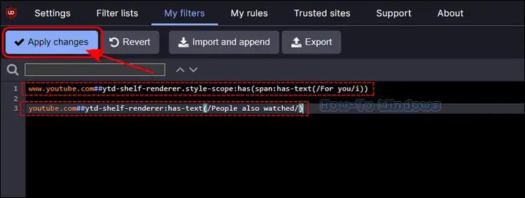 Copying and pasting this code inside the My filters page, then pressing the apply changes button