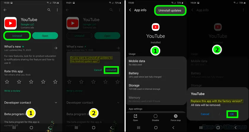 Uninstall YouTube app latest updates to reset it to its factory version