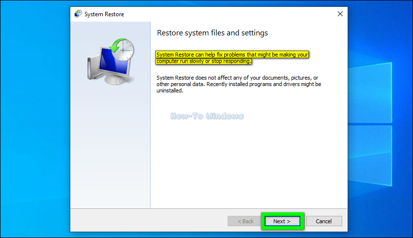 After the System Restore window appear press Next