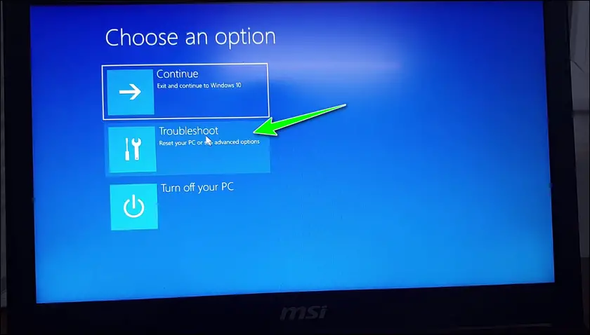 MSI Choose an option screen