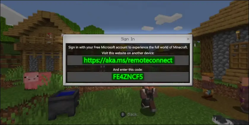 Minecraft instructions window including a code and remoteconnect link